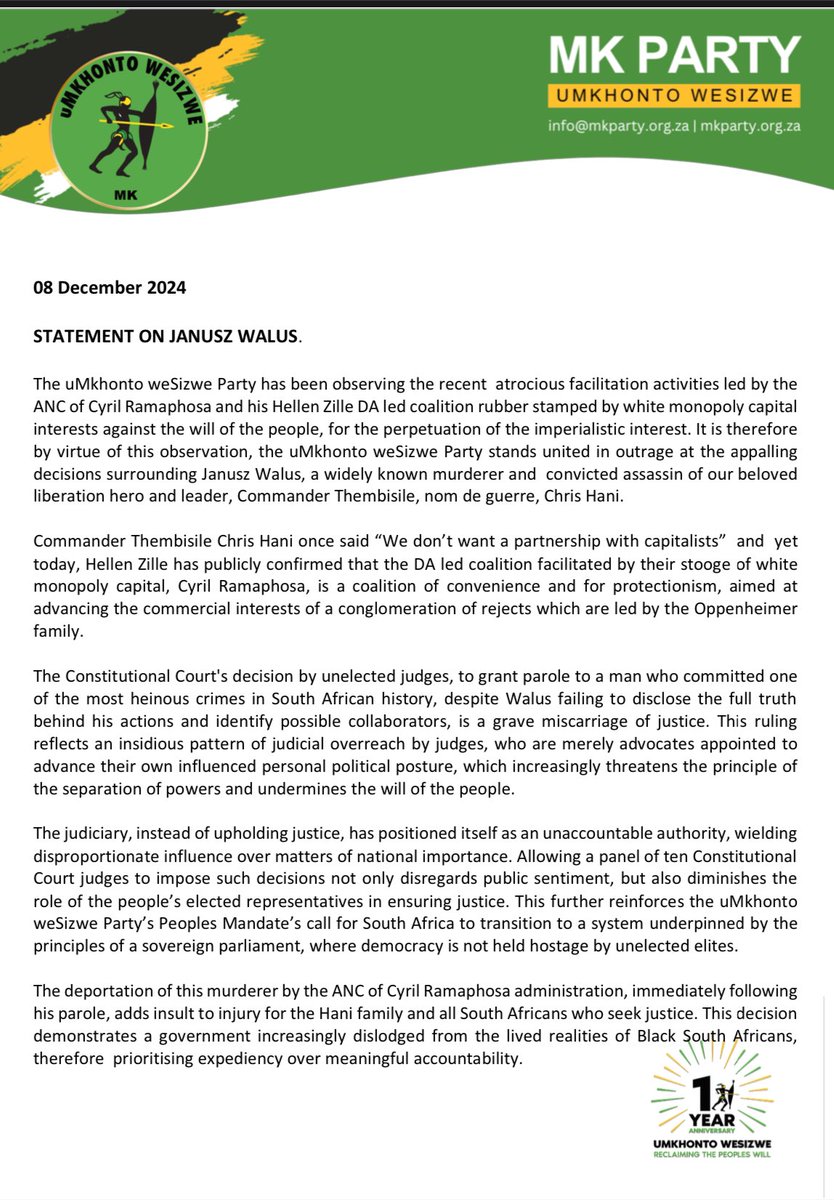 MkhontoweSizwex's tweet photo. [MEDIA STATEMENT]: STATEMENT ON JANUSZ WALUS. https://t.co/RYHzYVcwth