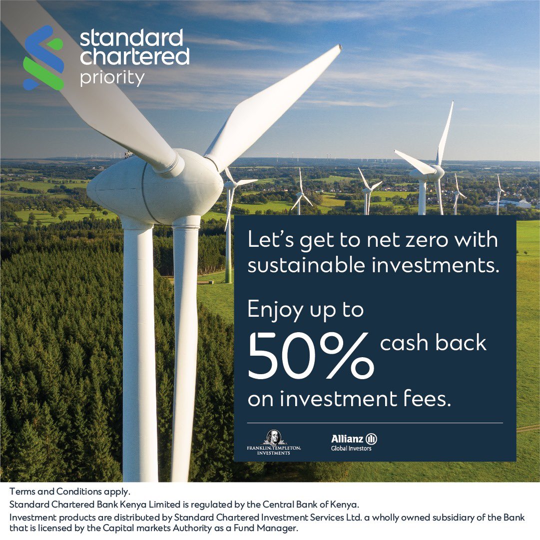 SpiceFMKE's tweet photo. A step closer to net zero π. Explore sustainable investment opportunities with SC Priority and enjoy amazing cashback benefits. #StandardCharteredPriority
#SustainableFinance
#EcoConsciousInvesting
#InvestSmart
Achieve your goals with our expertise.
Email: wealth.kenya@sc.com
@StanChartKE