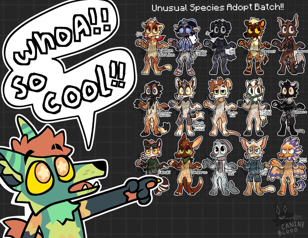 ✨Do YOU want an adopt from me? For Free?? Take one!! ✨

Just retweet, follow, and comment which one you want!! I’ll pick one to give away and the rest will go up on my kofi!!

Full image in comments ↴