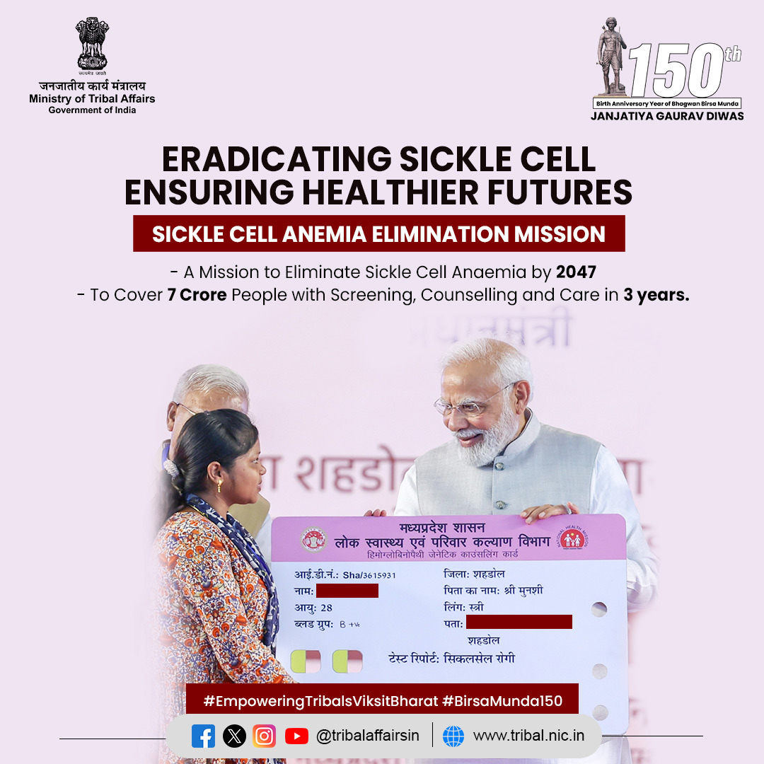Tribal Welfare from Vision to Mission

Sickle Cell Anemia Elimination Mission. Together for a Sickle Cell-Free India. A Mission to eliminate Sickle Cell Anaemia by 2047covering 7 crore people with screening, counselling and care in 3 years. 
#BirsaMunda150
#PMJANMAN