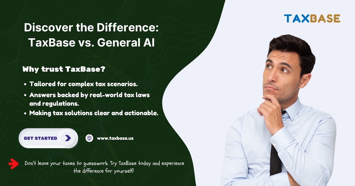 TaxBaseHQ's tweet photo. Think ChatGPT is smart? TaxBase goes further—AI precision with unmatched tax expertise!

Why TaxBase?
→ Expert guidance for complex tax scenarios.
→ Real-world accuracy.
→ Focused on your success.

Say goodbye to guesswork—trust TaxBase for smarter solutions!

#chatgpt #taxbase
