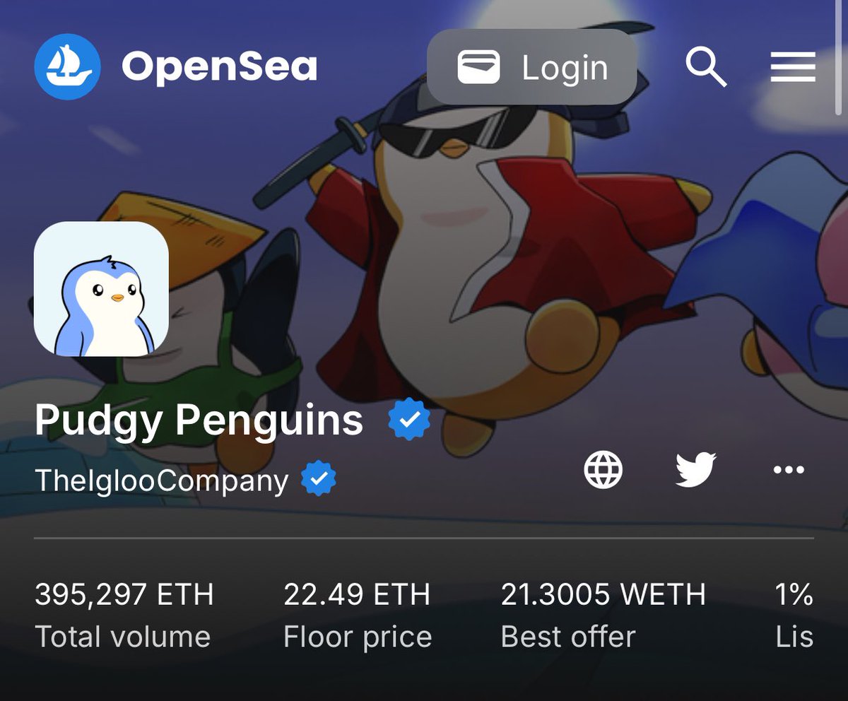 JoeyMoose's tweet photo. Pudgy Penguins floor just broke all-time-high of 22.5 ETH ($88,000).

History. You are here to witness it all. https://t.co/WiNQYahr93