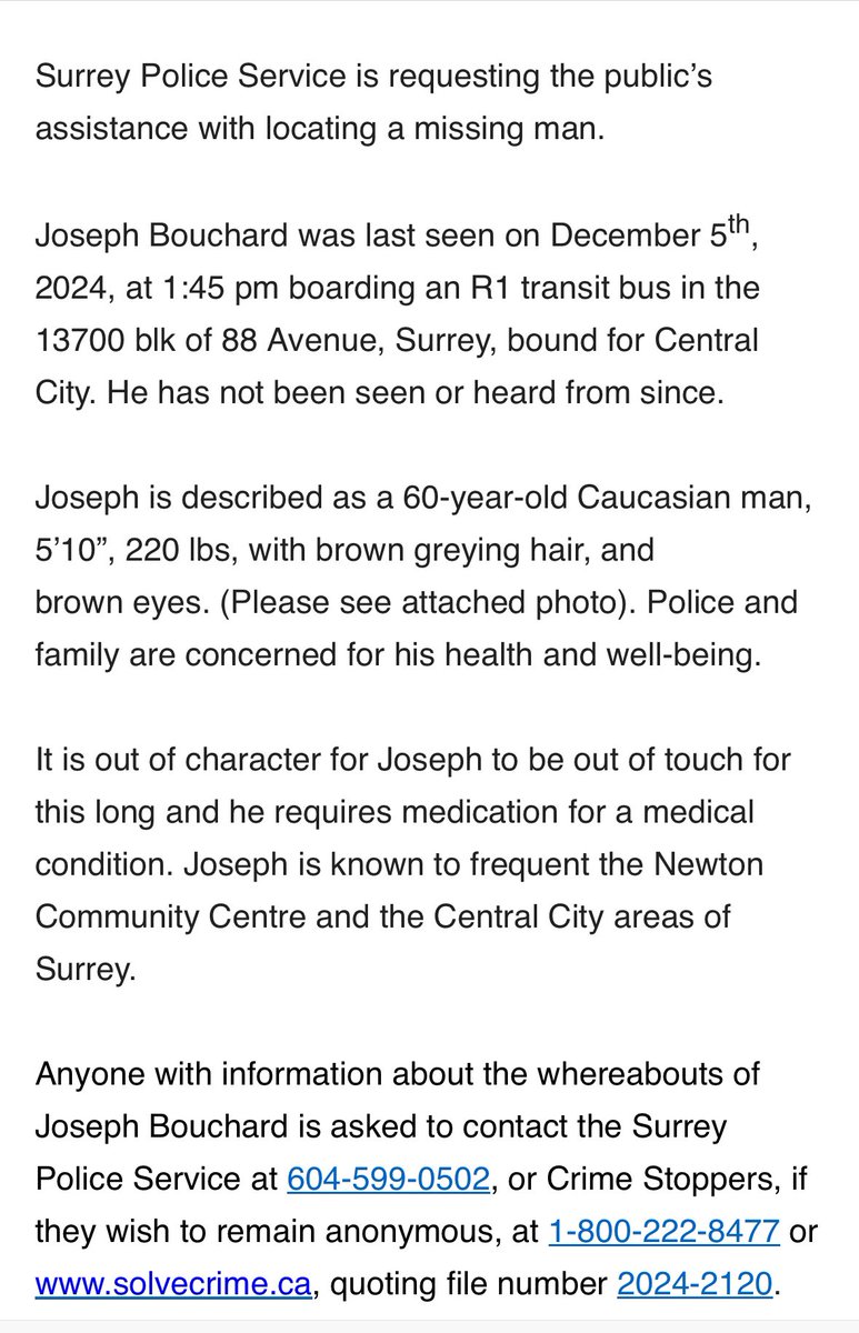 SurreyNowLeader's tweet photo. Surrey Police Service is requesting the public’s assistance with locating a missing man. https://t.co/sczurKo2pE