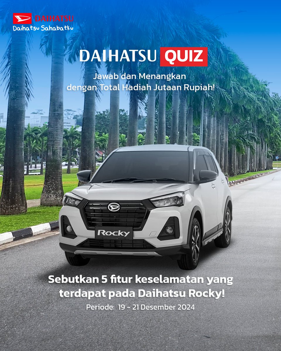 DaihatsuInd's tweet photo. ✨ Quiz Time Bareng Daimin! ✨
Pilih jawaban yang bener, bakal ada total jutaan rupiah saldo Astrapay buat 4 orang!

Syaratnya:
Follow @DaihatsuInd

- Repost & LIKE tweet ini
- Reply jawaban sebanyaknya dengan hashtag #DaihatsuQuiz

Periode: 19-21 Desember 2024

Akun jangan digembok

#DaihatsuSahabatku