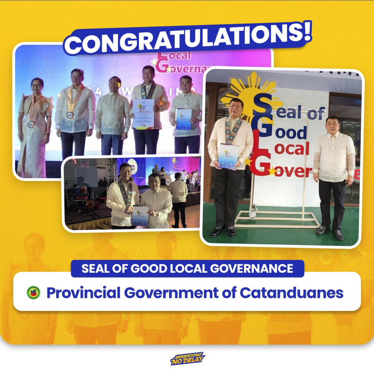 BossTeCua's tweet photo. Provincial Government of Catanduanes is a SGLG awardee!

Congrats to all department heads, capitol employees, and all our partner agencies. This is for every Catandunganon!

#SGLG
#SealofGoodLocalGovernance
#Catanduanes https://t.co/pNWTpR5DYt