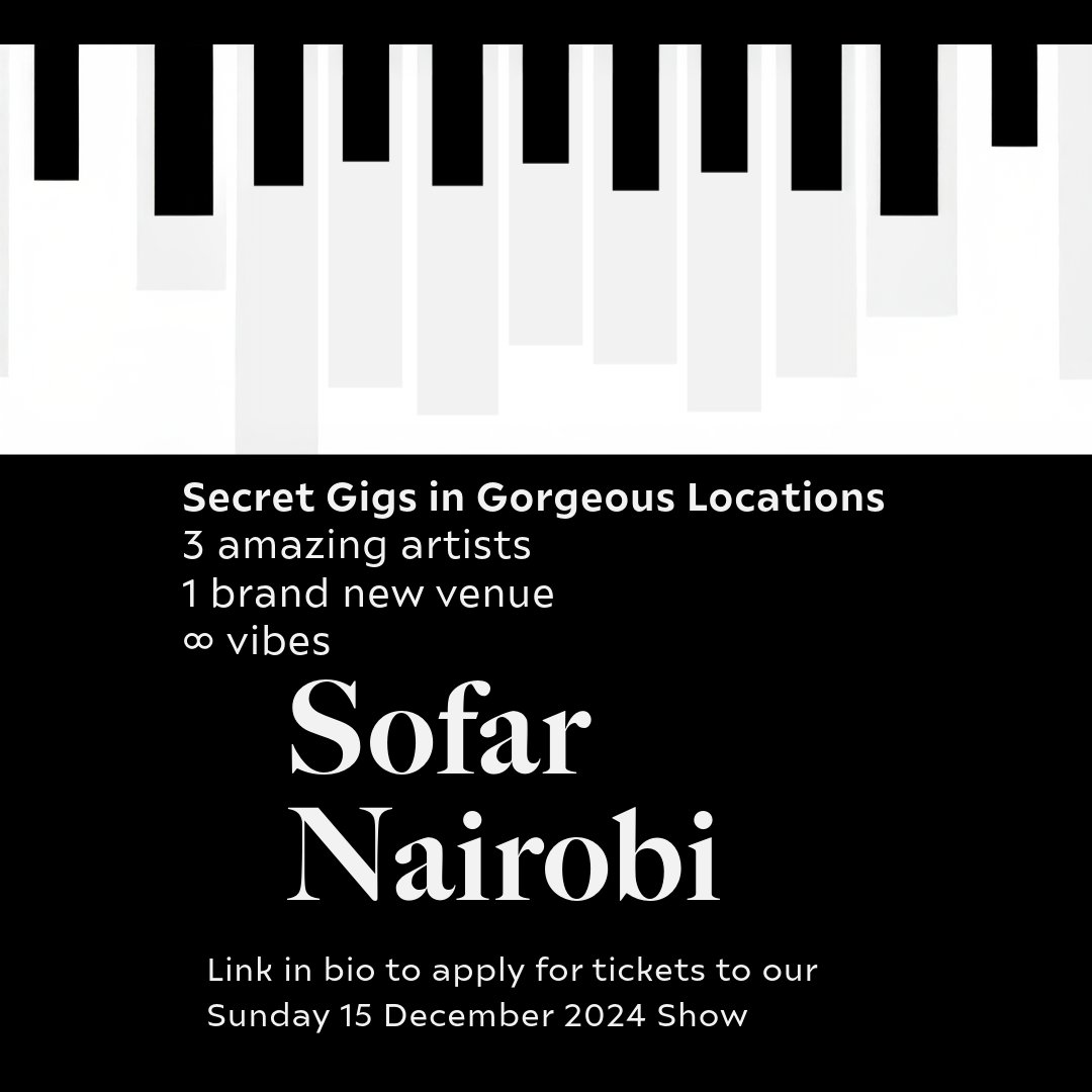 Gather your squad for the last #SofarNairobi show of 2024.  Links to apply to attend are on sofarsounds.com
Once you're invited, follow the instructions on the email to confirm your slot.  
📆Sunday, Dec 15th - Doors @ 3pm | Show @ 3.30pm
✨Vibes: Lyrical
📍Brookside