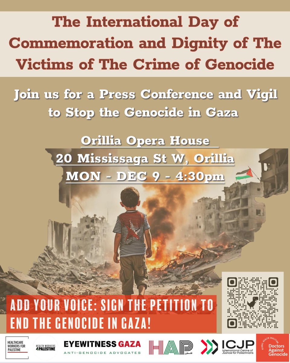 BenNephrology's tweet photo. Orillia ๐จ๐ฆ #EyeWitnessGaza Press Conference
End ๐ฎ๐ฑ genocide in Gaza
December 9, 430PM Orillia Opera House https://t.co/TdOtHqqzv5