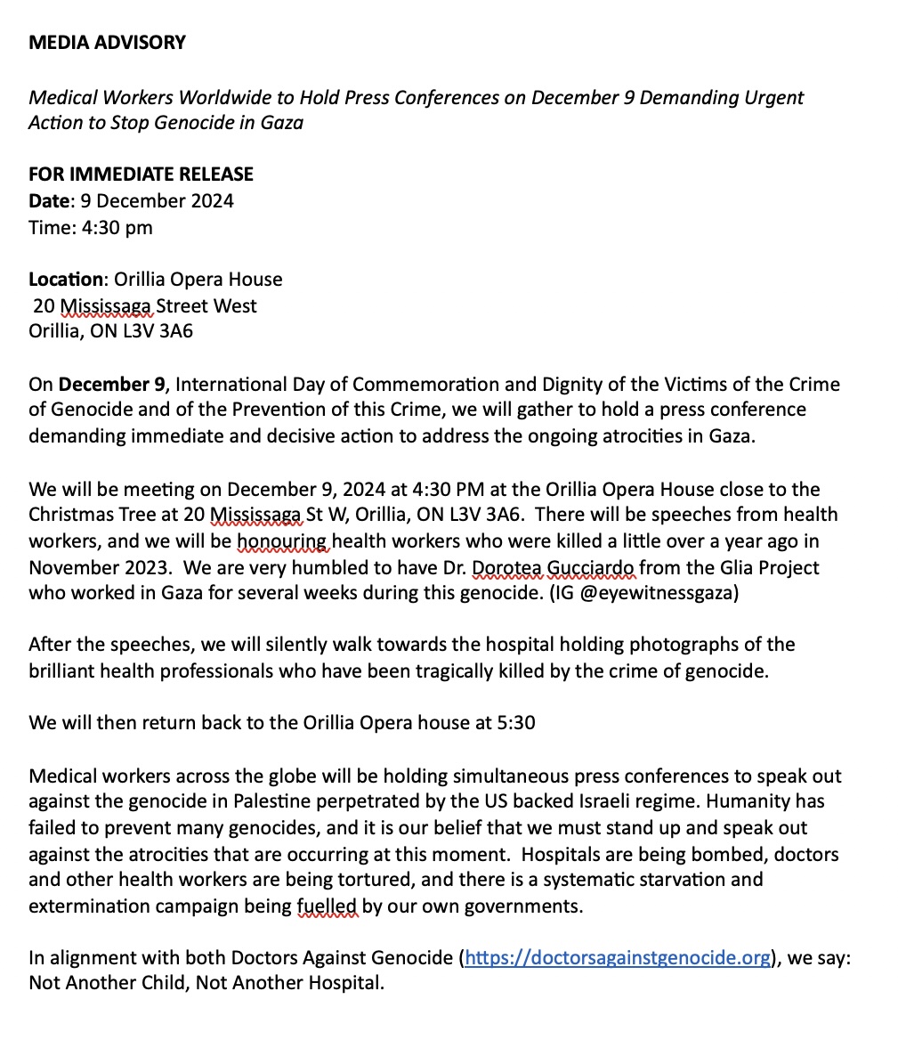 BenNephrology's tweet photo. Orillia ๐จ๐ฆ #EyeWitnessGaza Press Conference
End ๐ฎ๐ฑ genocide in Gaza
December 9, 430PM Orillia Opera House https://t.co/TdOtHqqzv5