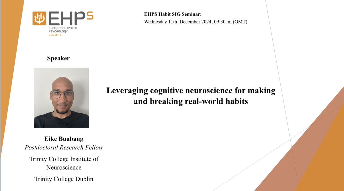 EHPS Habit Special Interest Group (@ehpshabit) on Twitter photo ‼️Don’t forget our upcoming session‼️
Join us on Wednesday 11th of December at 9:30 GMT to learn and discuss cognitive neuroscience for making and breaking real-world habits with <a href="/eike_kofi/">Eike Buabang</a> .
🔗Session link: tinyurl.com/Teams-Eike
Psst… Can’t make it? Watch it afterwards on ‼️Don’t forget our upcoming session‼️
Join us on Wednesday 11th of December at 9:30 GMT to learn and discuss cognitive neuroscience for making and breaking real-world habits with <a href="/eike_kofi/">Eike Buabang</a> .
🔗Session link: tinyurl.com/Teams-Eike
Psst… Can’t make it? Watch it afterwards on