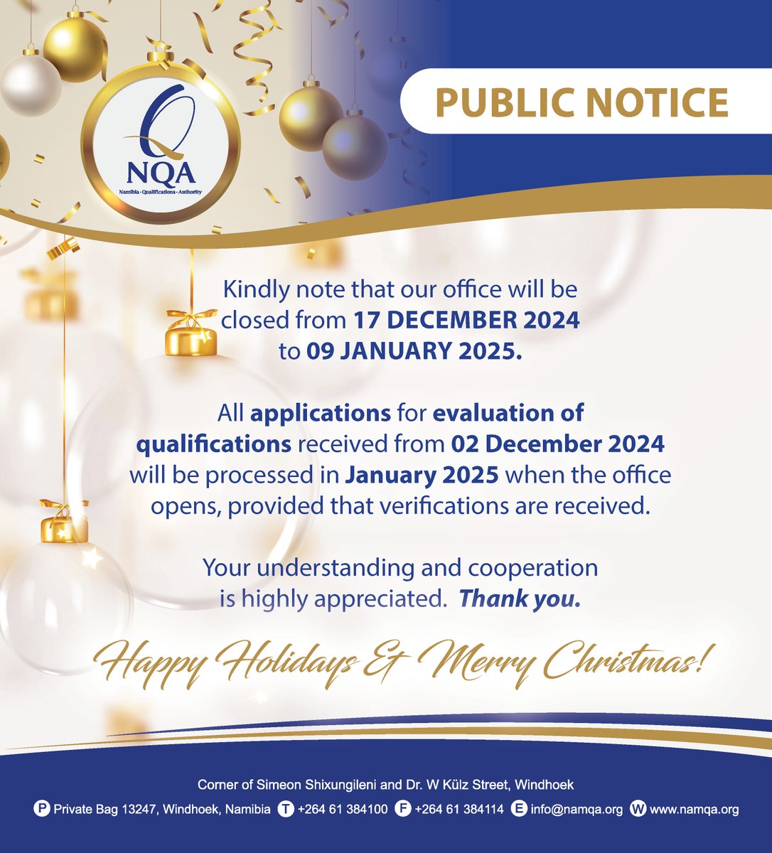 Esteemed stakeholders
Please take note of office closure during December 2024 and January 2025