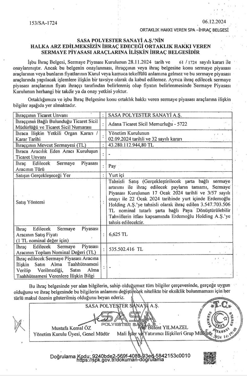#sasa tahsisli sermaye arttırımı için ihraç belgesini yayınladı. 535 milyon adet lotu Erdemoğlu holdinge 6,625₺ den verecek. Sıradaki süreç tescil isleminin gerçekleşerek ticaret sicil gazetesinde yayımlanması...