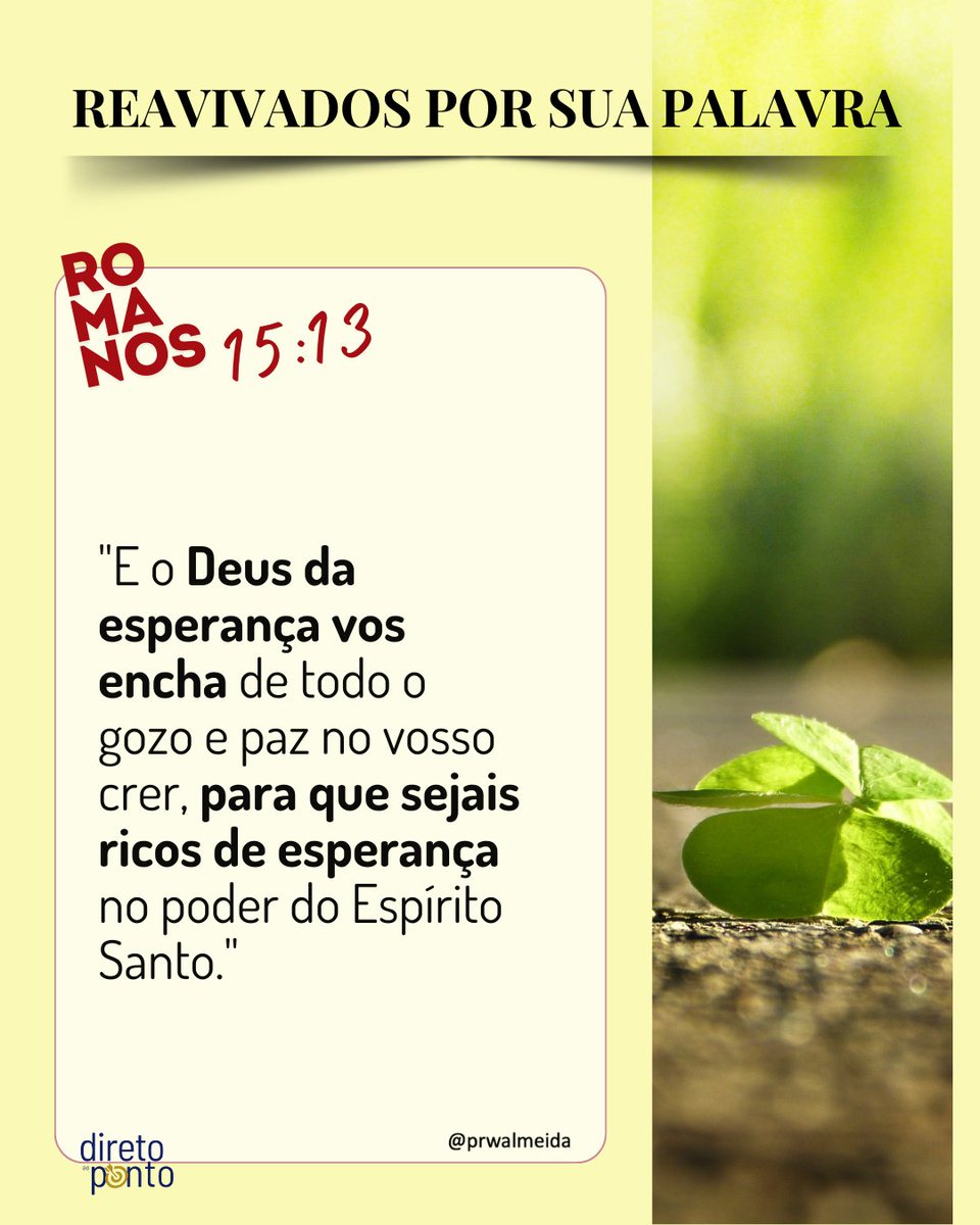 #rpSp - Rm15:13 | #CheioDeDeus
"Em vão sonham os homens com o progresso; frustrados são todos os empenhos para o enobrecimento da humanidade, se passam por alto a única fonte de esperança e auxílio para a raça caída", que vem do alto (Tg. 1:17)" (CC, 21)