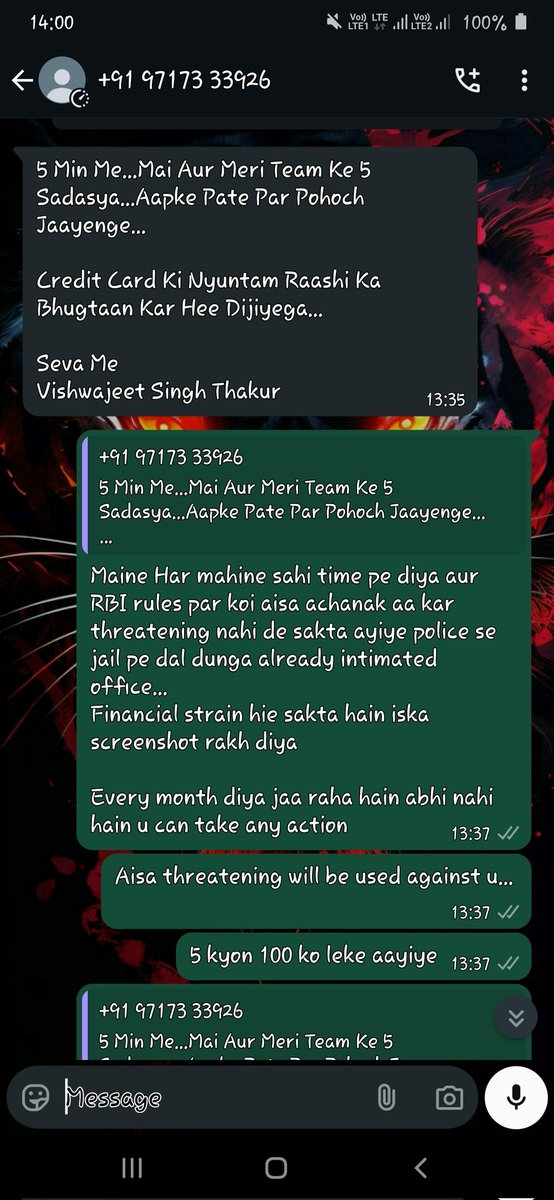 arijitroy929's tweet photo. @SBICard_Connect I am in dire financial strain and trying to get a quick job but such a good threatening messages will not do any good here is the ss of it. RBI rules says customer can be given time to. Pay but such harassment will lead you into serious issues.
My phone is also having issue. https://t.co/DHK10od5E0