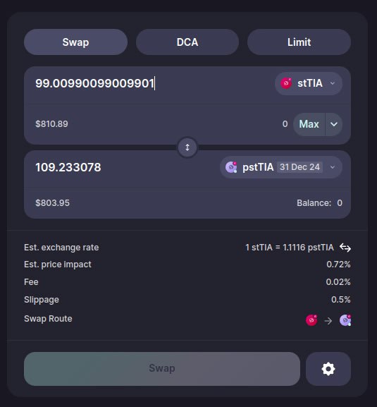 dhermod's tweet image. 🚀 Secure up to 9.23% guaranteed profit in just 3 weeks!

💡 Multiple principal tokens available, each offering a guaranteed profit at maturity:

✅ stTIA: Earn 9.23%
✅ Luna: Earn 7.64%
✅ Atom: Earn 5.59%
...and more!

Act now to lock in your gains! 🔒✨

#PRYZM #PassiveIncome