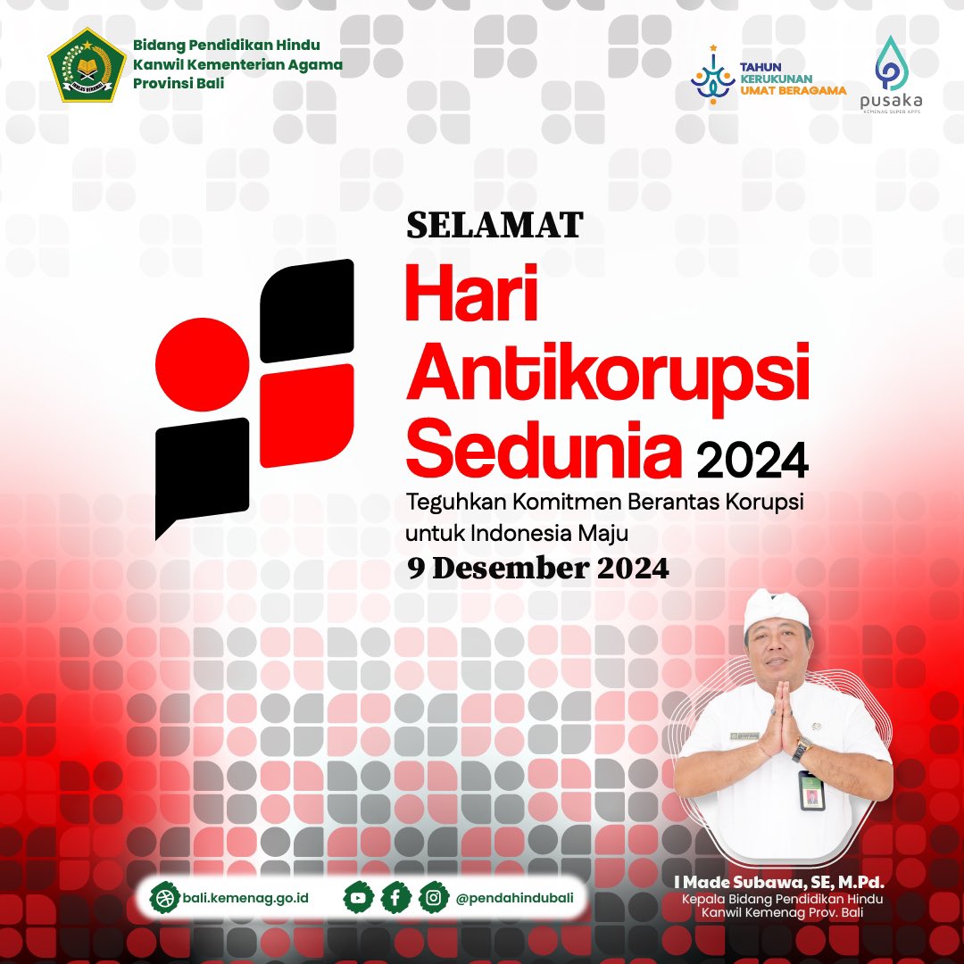 anommahartha's tweet photo. Selamat Hari Anti Korupsi Sedunia (Hakordia) 9 Desember 2024.
Tema peringatan Hakordia Tahun 2024 adalah "Teguhkan Komitmen Berantas Korupsi untuk Indonesia Maju."
#pendahindubali #hakordia2024 #hariantikorupsi2024 #hariantikorupsisedunia https://t.co/uCotH8Wsp9