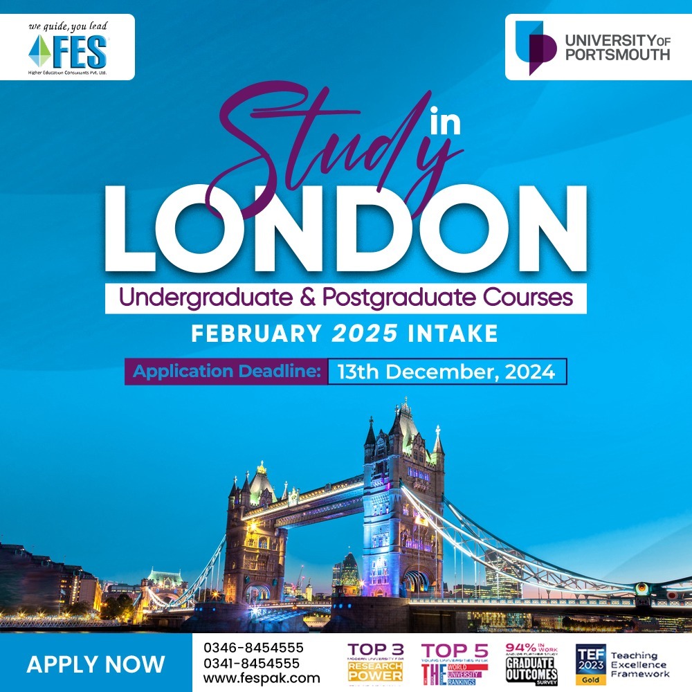 FESPakistan's tweet image. Looking for undergraduate and postgraduate courses? That too in London? University of Portsmouth is your way to go forward. Apply now before 13 December, 2024.

📞 0346-8454555 | 0341-8454555

We Guide You Lead
fespak.com

#fes #fes2024 #fesconsultants #studyabroad…
