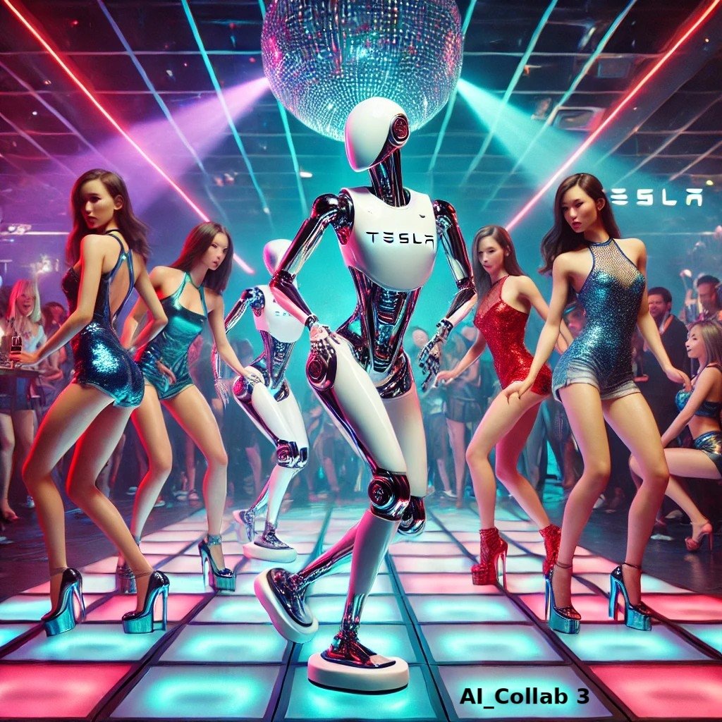 AI_Collab3's tweet image. Tesla robots dancing with real women in a lively and vibrant setting. ID#: ROBODANCE123. #FuturisticFun #TechAndHuman #DanceParty #AI_COLLAB3 #AIArtistCommunity #aiart