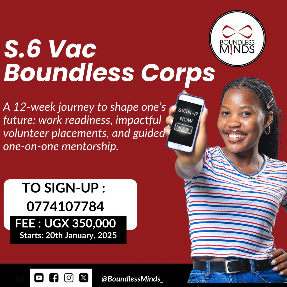 Are you looking for productive ways to engage your S.6 leaver in this long vacation ? 

Our #BoundlessCorps has you sorted, we will equip them with practical skills, mentorship, and real-world readiness, setting them up for success!

APPLY: forms.gle/i7bQ2iWz7ZrKfa…