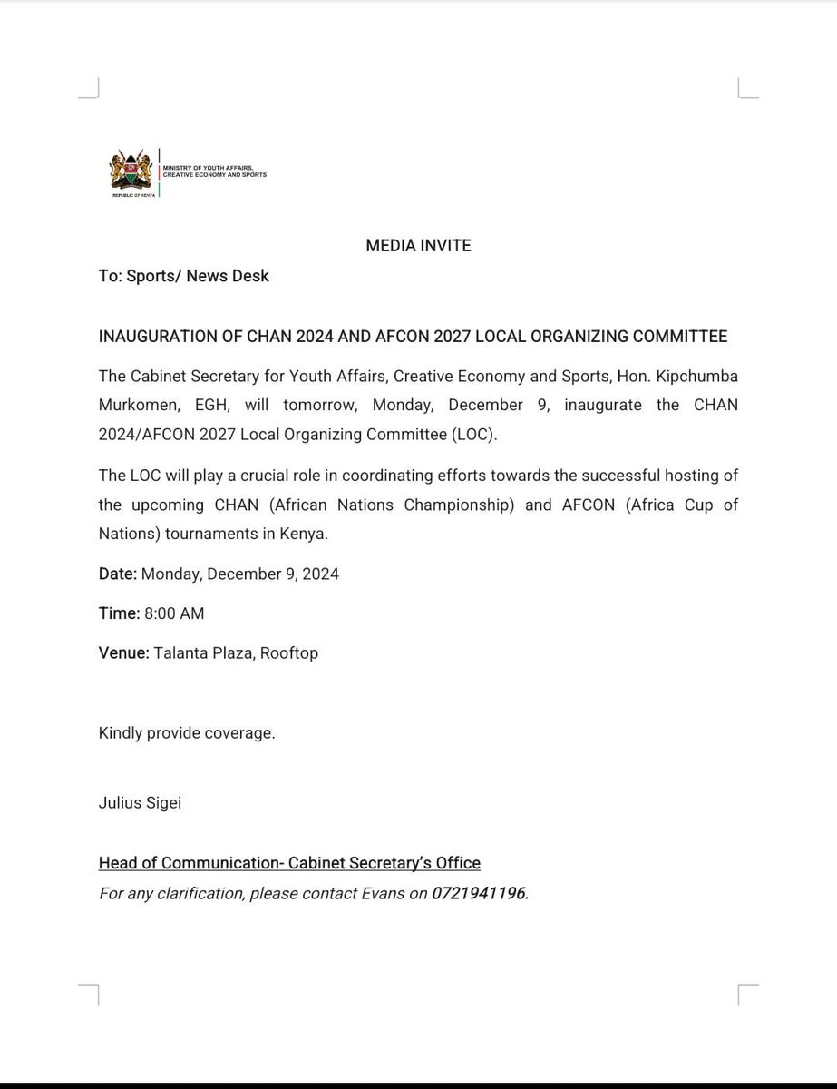 georgediano's tweet photo. FRAUD ALERT; KENYA LOSES CHAN, AND MURKOMEN IS LAUNCHING COMMITTEES!!

Kenya has lost the hosting of CHAN 2025 to Rwanda. REASON? Murkomen failed to sign the CAF hosting guarantee on time, and together with homeboys PS Peter Tum & Sports Kenya DG Pius Metto, they have chewed the money allocated to accelerated stadium upgrade. 

The CAF template for the Local Organizing Committee was ignored, and the whole process only hurriedly done last Friday, after being informed by CAF that CHAN was gone! While the work started last year has slowed to snail pace at Kasarani and Nyayo, Murkomen is busy at his "Adani base" in Lavington mopping up remnants of corrupt deals in his previous Ministry, while Tum and Metto assist him to finish Sports Funds facilitated by SASDF CEO Nuh Ibrahim. 

A prestiguous tournament  fought hard to secure for Kenya is gone so that some corruption villagers can buy Ksh 1m belts and watches! What a national shame! And now Even the rushed gazetting and "unveiling" of the hurriedly formed committees is just a farce to hoodwink Kenyans.

Murkomen together with Sudi & William Ruto have now started pulling the tribal card throwing Kalenjins under the bus to cover up their corrupt dealings & incompetence. Kenyans are not fools, we are going to expose then regardless of tribe. They're now planning to extend their greed to AFCON, we can no longer allow this kind of stupidity at the expense of taxpayers money.