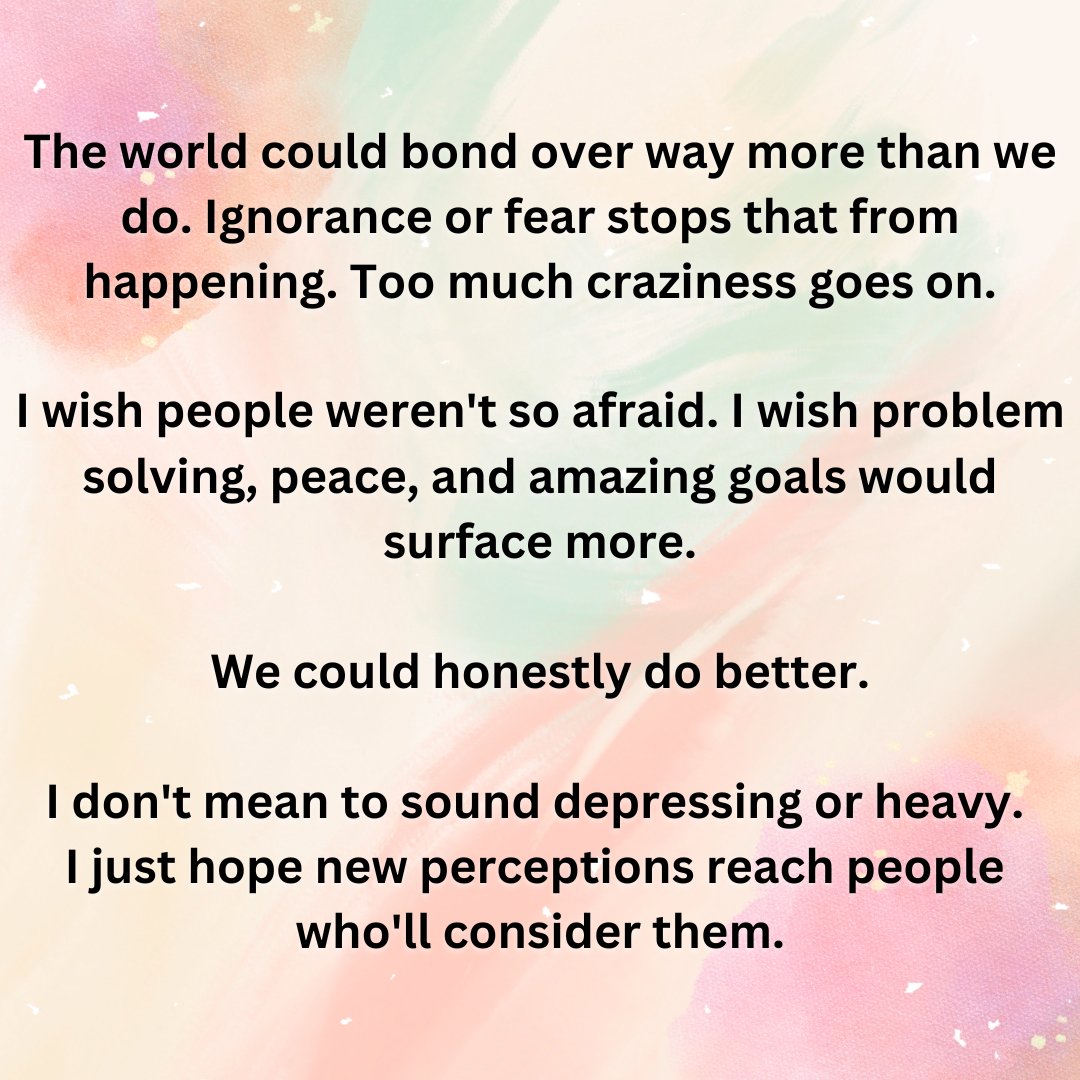 J3nni4C's tweet image. The world could bond over way more than we do. #Ignorance or #fear stops that from happening. Too much #craziness goes on.

I wish people weren't so #afraid. I wish #ProblemSolving, #peace, and amazing #goals would surface more.

We could honestly do better.