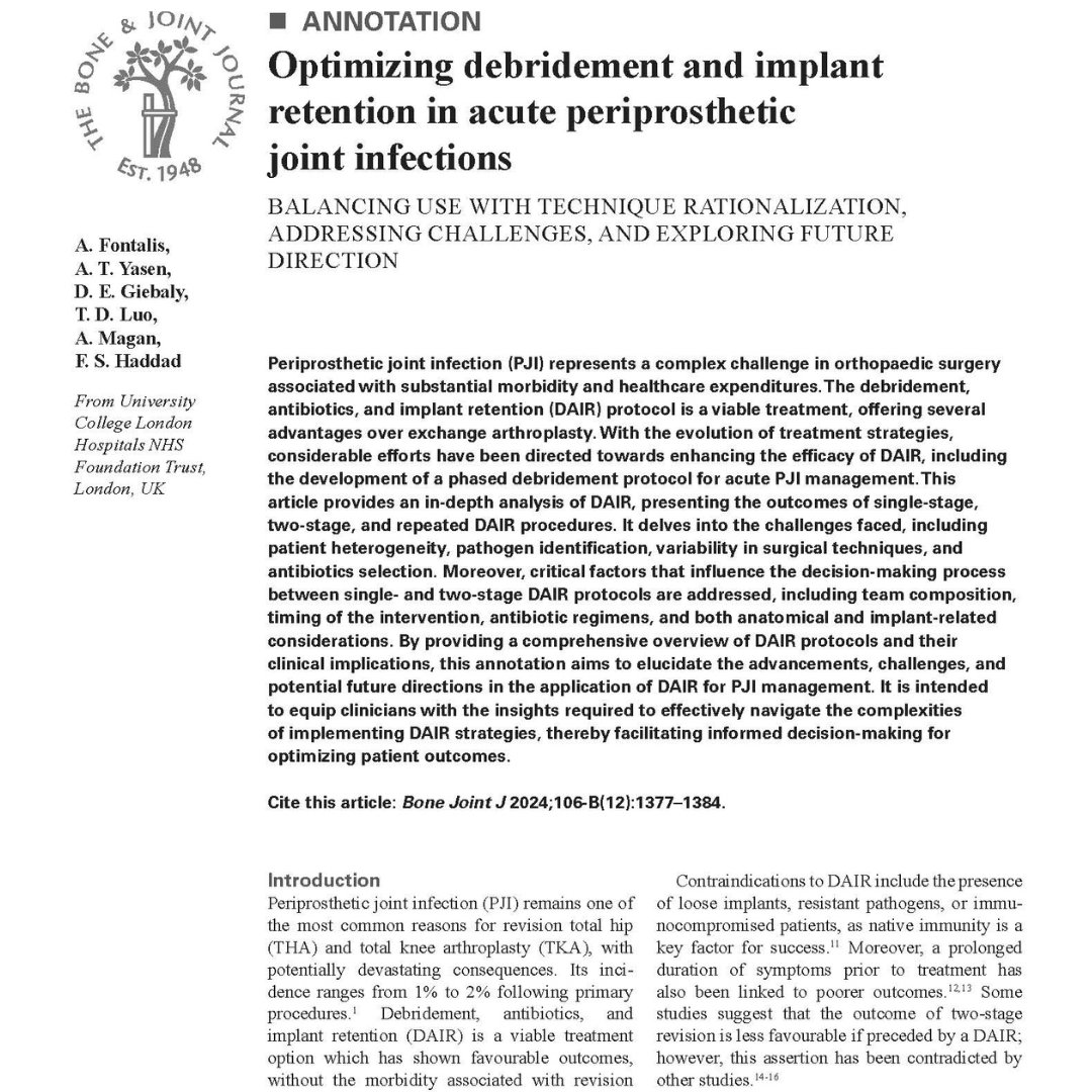This annotation aims to elucidate the advancements, challenges, and potential future directions in the application of debridement, antibiotics, and implant retention for periprosthetic joint infection management.

#BJJ <a href="/AFontalis/">Andreas Fontalis</a> <a href="/DrSkyOne/">TD Luo, MD PhD</a> <a href="/bjjeditor/">Prof Fares Haddad</a>

ow.ly/z17L50UfMJi