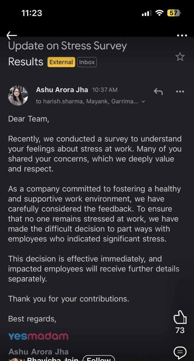 Deexa19's tweet photo. When you cannot solve the problem, end the people who complain about 
the problem @_yesmadam 

They fired the staff who internal survey responded that they felt stressed at work!!!! #stress #MentalHealthMatters https://t.co/HbUizNgxVE
