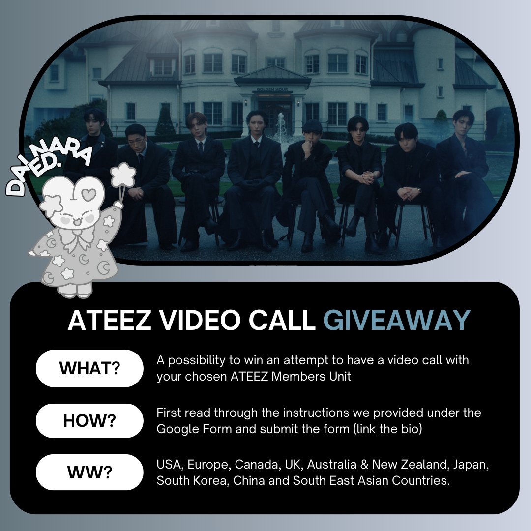 ✨ VIDEO CALL GIVEAWAY OPPORTUNITY~! ✨

Hi ATINYs! We're here to present you with a video call opportunity to talk with your favorite ATEEZ unit! The date of the video call event is on December, 19th!

All the rules are in the Google Form (link in our bio), don't forget to read