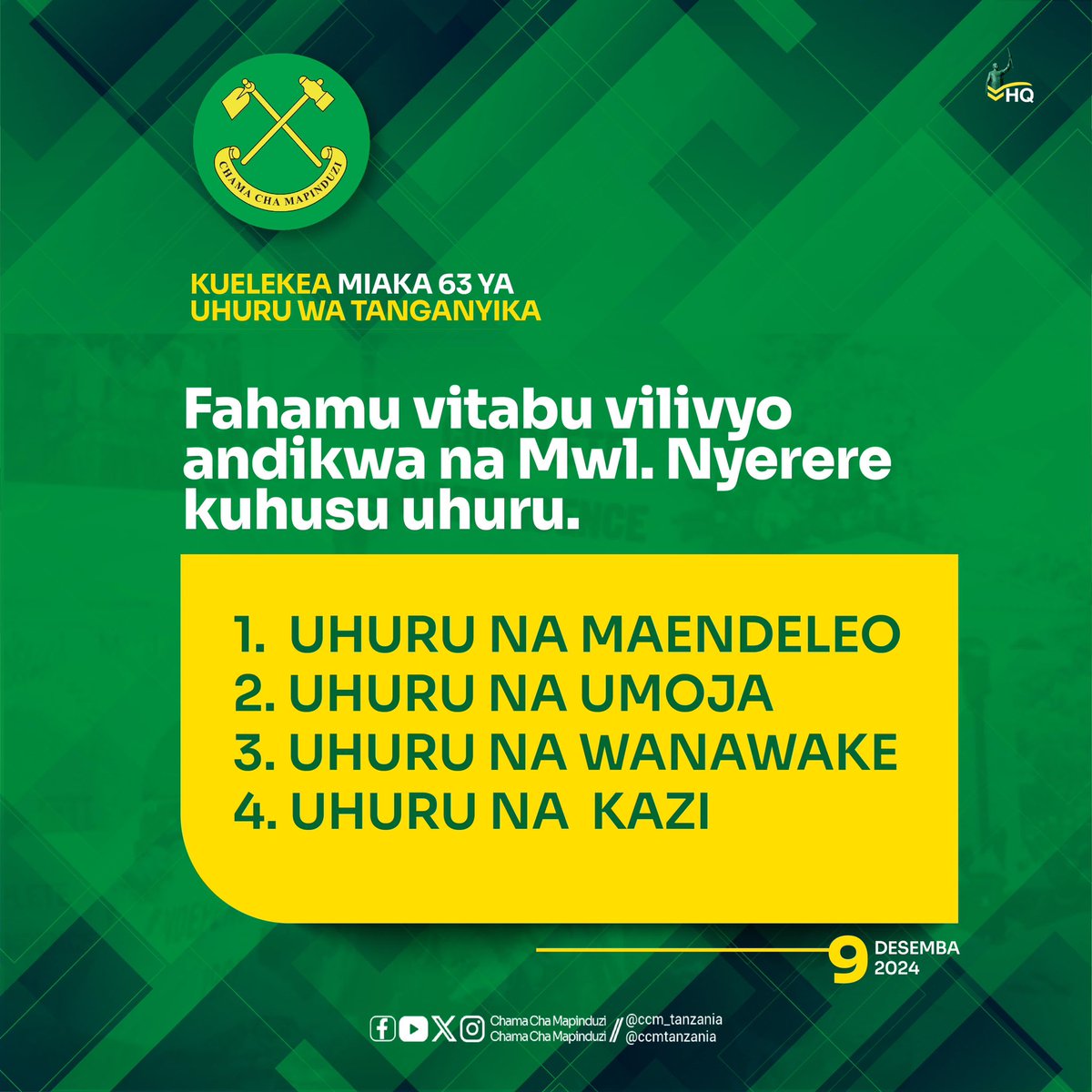 ccm_tanzania's tweet photo. UHURU NA MAENDELEO 🇹🇿

Haijuzu muwe huru ,mnajitawala wenyewe ,mnajipangia  masuala yenu ya ndani ya kisera na kimikakati , kwa uwazi na ushirikishwaji , lakini  mkibaki bila kufanya juhudi za  kujiletea maendeleo itakuwa ni kazi bure.

“Maendeleo huzaa uhuru, ikiwa maendeleo yenyewe ni maendeleo ya watu. Lakini watu hawaendelezwi,ila watu hujiendeleza wao wenyewe” [J.K.Nyerere].