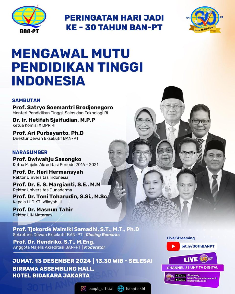The 30th Anniversary BAN-PT, Jumat 13 Desember di Birrawa Assembling Hall, Hotel Bidakara, Jakarta.