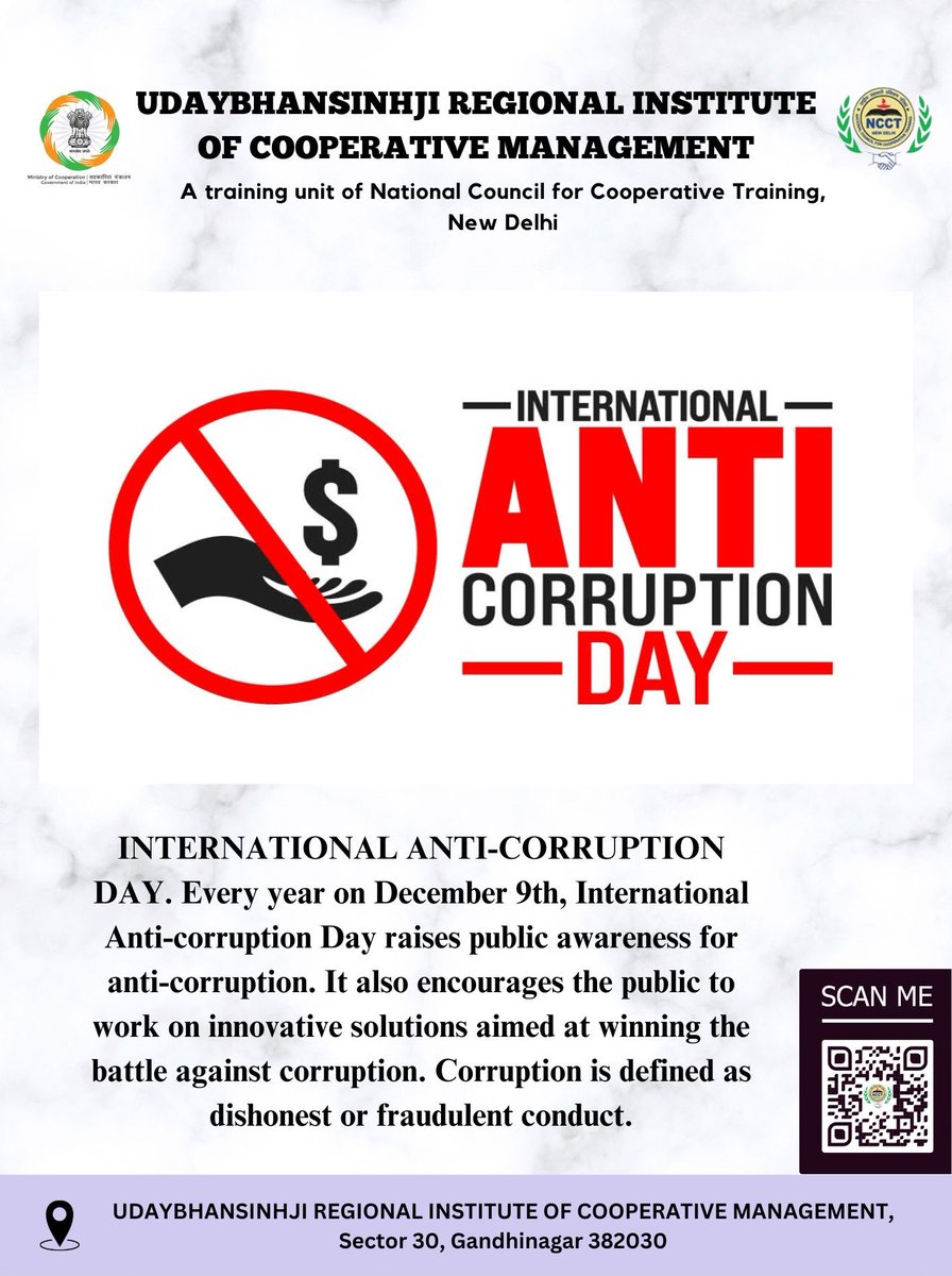 UricmStream's tweet photo. INTERNATIONAL ANTI-CORRUPTION DAY. Every year on December 9th, International Anti-corruption Day raises public awareness for anti-corruption.
#ncct
#ministryofcooperation
#cooperativesociety
#sahkarsesamriddhi
#narendramodi
#AmitShah
#KPGBJP
#mohol_murlidhar
#UricmStream https://t.co/Ock6xmkyUw