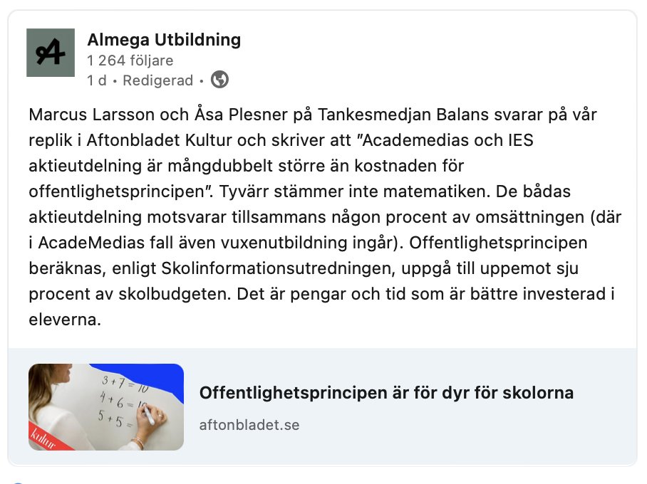 Skolinkvisition's tweet photo. Almega utbildning (Friskolornas Riksförbund) påstår att det enligt Skolinformationsutredningen kommer kosta uppemot 7 % av budget att följa offentlighetsprincipen. Stämmer förstås inte. För små förskolor beräknas kostnaden bli 4 %, för alla andra 0,5-2 %. Nytt namn, samma lögner. https://t.co/pVauJWLDNs