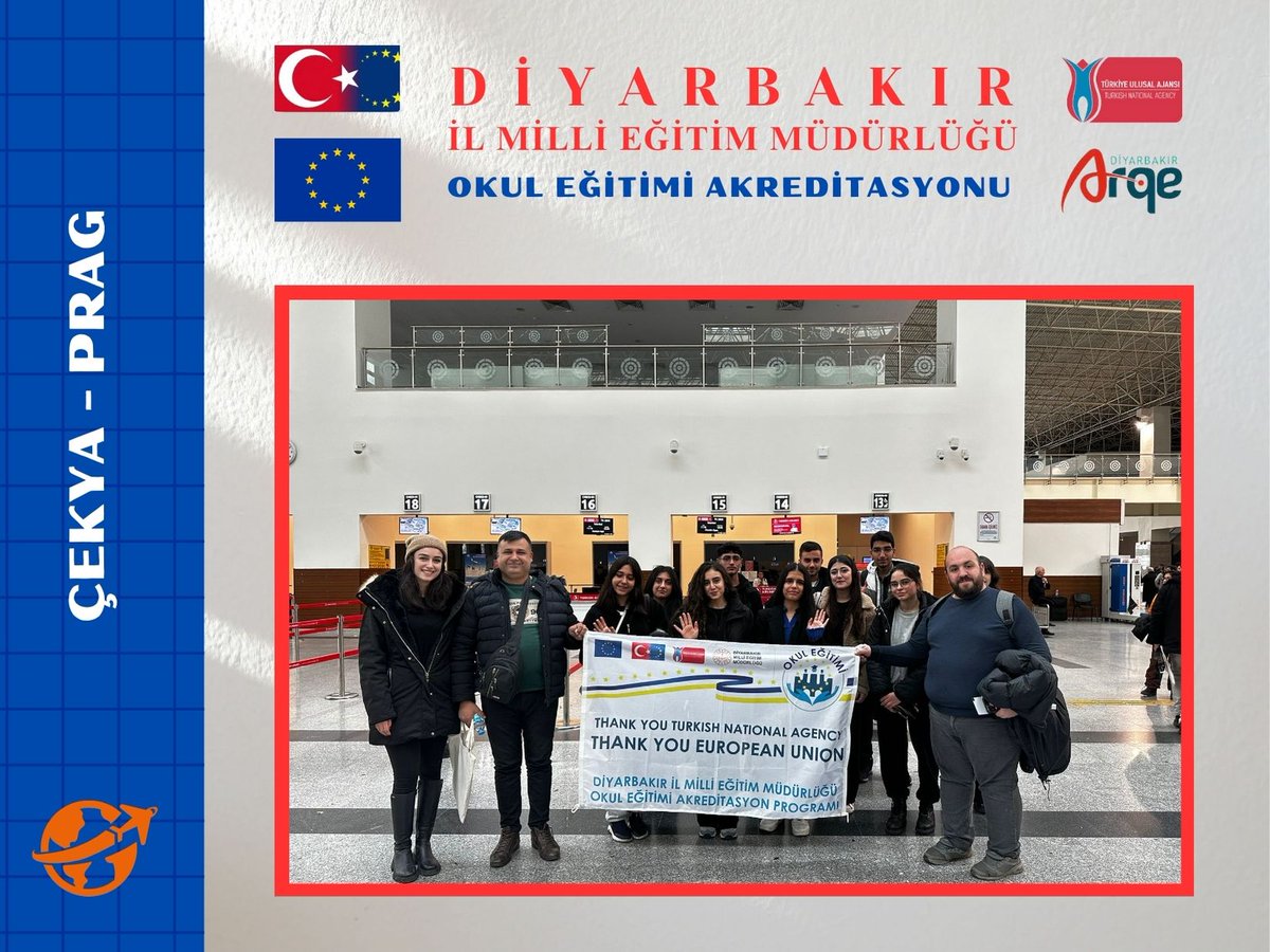 🇪🇺🇹🇷 Erasmus+Okul Eğitimi Akreditasyon Programı çerçevesinde 8-14 Aralık 2024 tarihleri arasında Öğrenci gruplarının hareketliliği faaliyetine katılacak olan 10 Öğrenci ve 2 Öğretmenimiz Çekya’ya🇨🇿 hareket ettiler.

<a href="/tcmeb/">Millî Eğitim Bakanlığı</a> <a href="/Yusuf__Tekin/">Yusuf Tekin</a>
<a href="/ulusalajans/">Türkiye Ulusal Ajansı 🇹🇷 Turkish NA</a> <a href="/Murat4Kucukali/">Murat Küçükali</a>