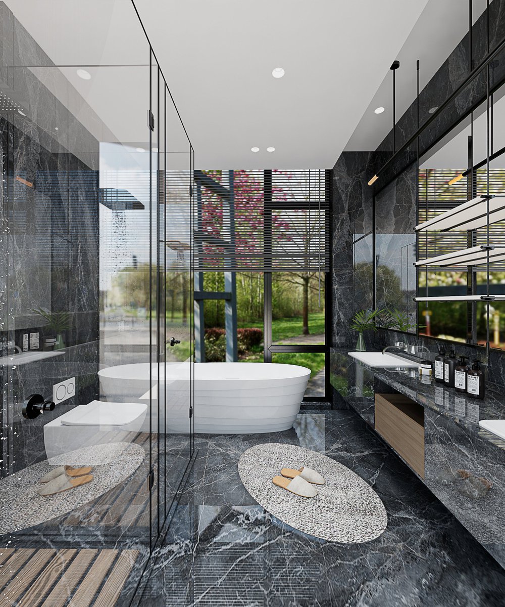 Luxurious Modern Bathroom with Garden View
#LuxuryBathroom #ModernDesign #InteriorDesign #HomeDecor #BathroomGoals #ElegantLiving #MarbleBathroom #FreestandingTub #BathroomInspiration #HomeDesign