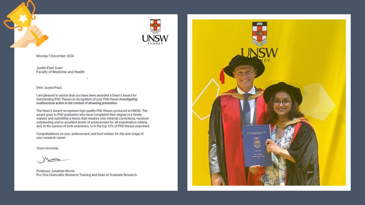 Jagnoor Jagnoor (@jjagnoor) on Twitter photo Congratulations, Dr. <a href="/JustinScarr/">Justin Scarr</a> on your graduation with the prestigious Dean’s Award! 🎓✨
Your brilliance, passion for drowning prevention, and commitment to creating a safer world have always been awe-inspiring.
Super proud 🥹 Supervisor!
#drowningprevention #PhD Congratulations, Dr. <a href="/JustinScarr/">Justin Scarr</a> on your graduation with the prestigious Dean’s Award! 🎓✨
Your brilliance, passion for drowning prevention, and commitment to creating a safer world have always been awe-inspiring.
Super proud 🥹 Supervisor!
#drowningprevention #PhD