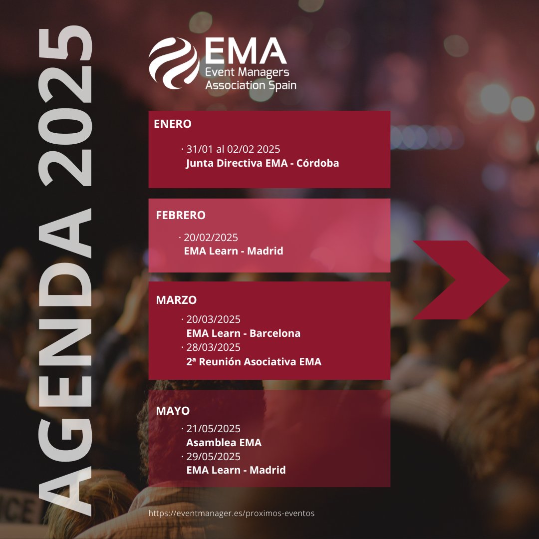 eventmanager_es's tweet photo. 🎉 ¡Ya tenemos la agenda EMA para 2025! 📅 Este año estará lleno de encuentros, aprendizaje y networking para todos vosotros, quienes formáis parte de la EMA. 💼✨
👉 Consulta la agenda completa aquí: https://t.co/kO3iroxl8m
#EMA #EventManagers #Networking202 https://t.co/hEsnB2ppp8