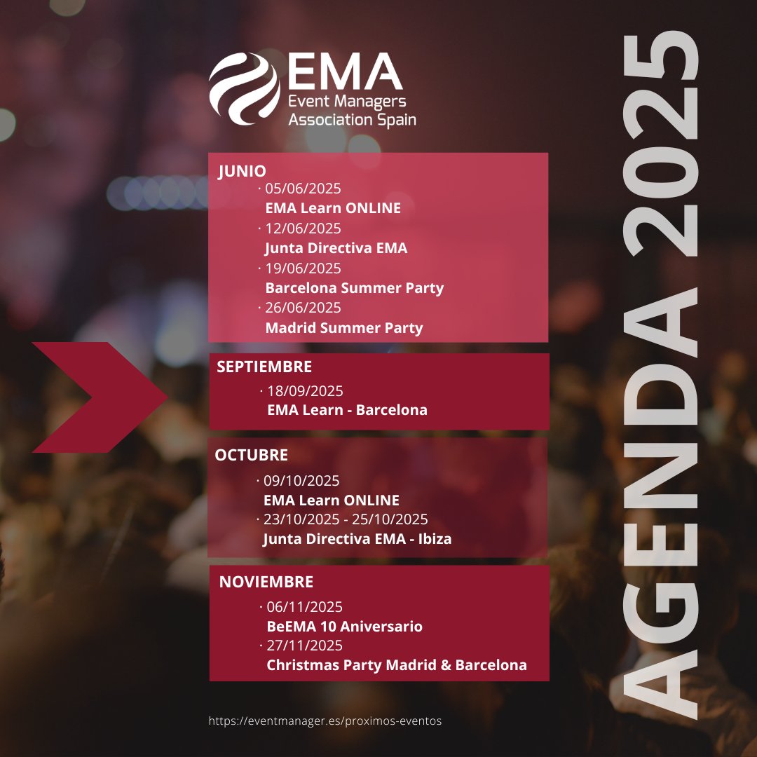 eventmanager_es's tweet photo. 🎉 ¡Ya tenemos la agenda EMA para 2025! 📅 Este año estará lleno de encuentros, aprendizaje y networking para todos vosotros, quienes formáis parte de la EMA. 💼✨
👉 Consulta la agenda completa aquí: https://t.co/kO3iroxl8m
#EMA #EventManagers #Networking202 https://t.co/hEsnB2ppp8