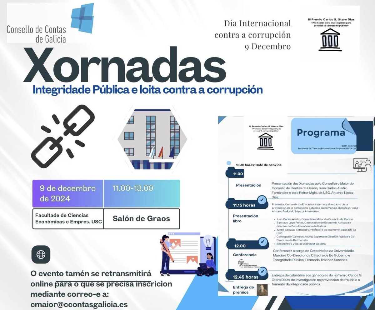 mccamposacunha's tweet photo. #DíaInternacionalContraLaCorrupción
Hoy tenemos una cita con el #ConsellodeContas en la presentación de la obra «El control externo y el impacto de la prevención de la corrupción. Estudios en homenaje al profesor José Antonio Redondo López» y para escuchar al gran @FernandoJS63 https://t.co/CNIiHjDHfy