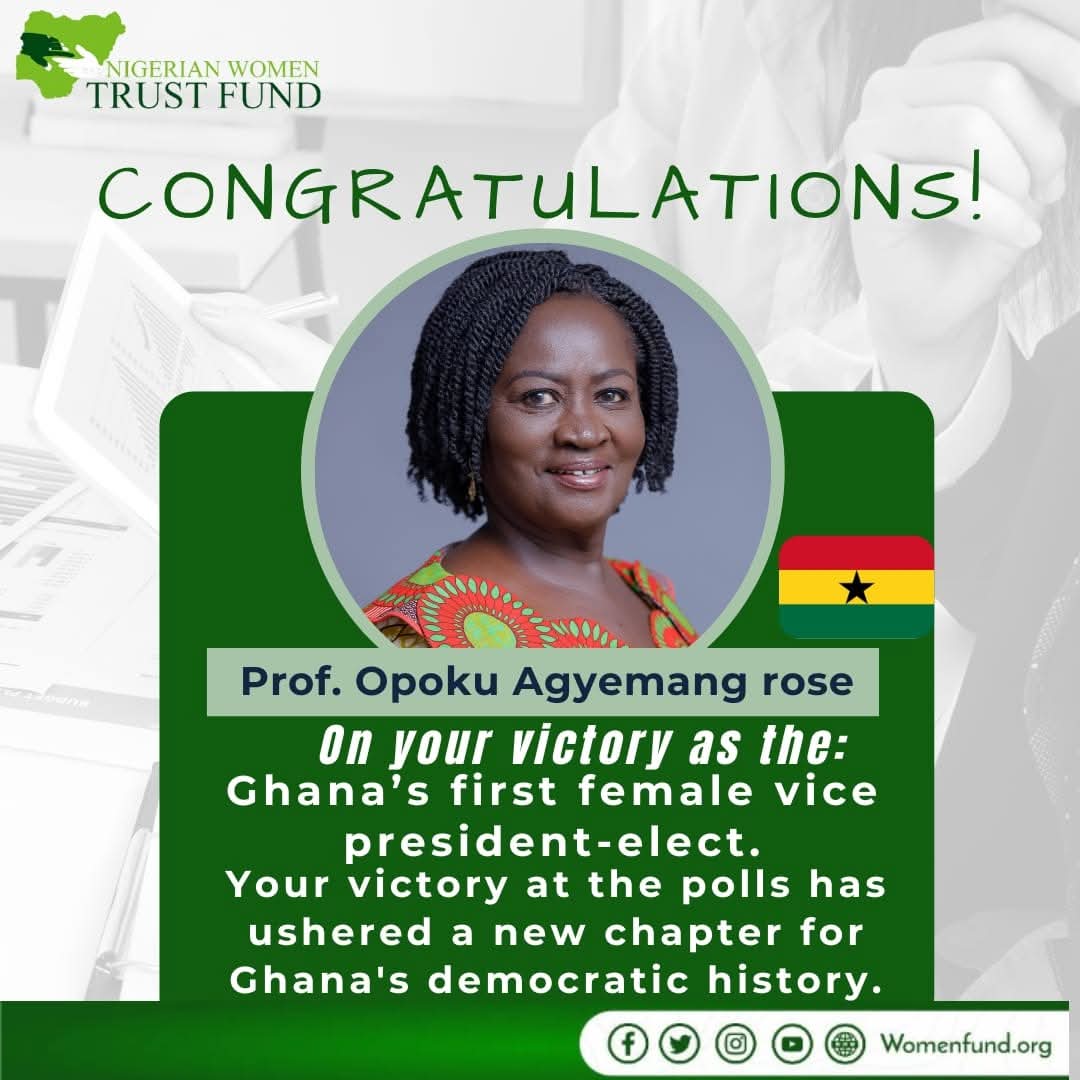 womenfundng's tweet photo. HISTORY MADE! 

Congratulations to Prof. Jane Naana Opoku-Agyemang, Ghana's FIRST FEMALE VICE PRESIDENT-ELECT! A trailblazer, a leader, &amp; an inspiration to women everywhere! #GhanaPolls2024
#firstfemaleVP
#womeninleadership 
@BeebbeeA 
@wipfng 
@FordFoundation 
@EU_SDGN 
@wfm917 https://t.co/IFafAVamVX