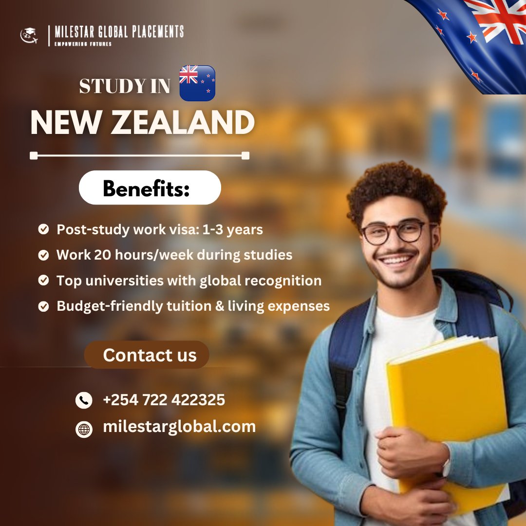 MilestarGlobal's tweet photo. Study in New Zealand! Your future awaits. 

📚 With world-class education, affordable costs, and opportunities to work while studying, New Zealand is the perfect destination to launch your global career!

📞 Contact us: +254 722 422325
🌐 Visit: https://t.co/ctcIxQNsNO https://t.co/Pkocb1468r