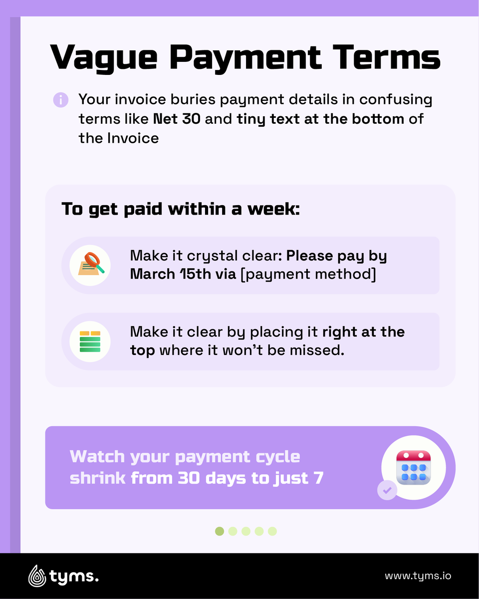 tyms_io's tweet photo. Most businesses don't realize these 4 invoice elements are delaying their payments.
Swipe through to discover which is holding back your cash flow
#FinanceTransformation #AccountingTips #BusinessGrowth #CFOTools #PaymentAutomation #TymsApp #AccountingTech #SmartPayments #AI https://t.co/LWsnYGRkmK