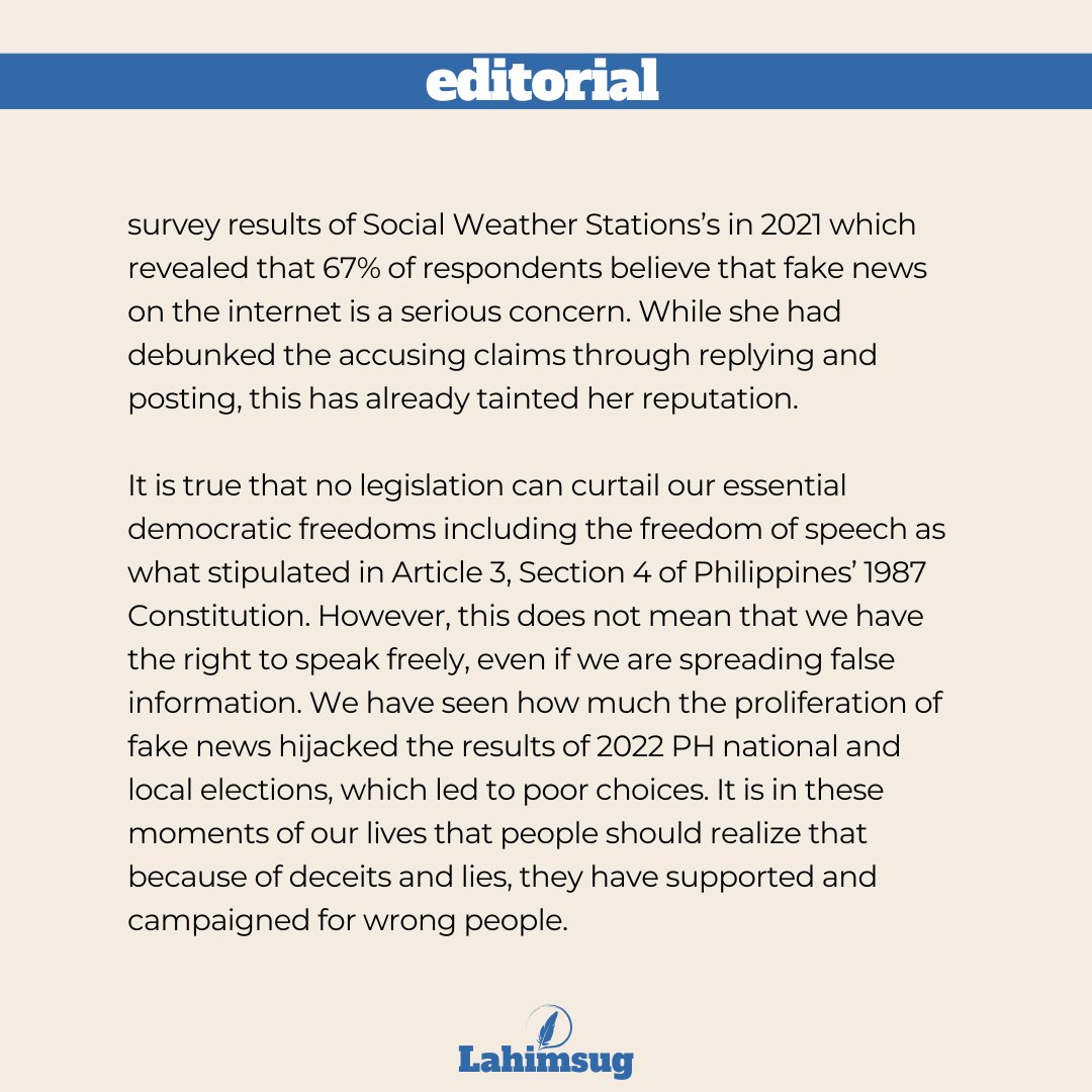 Lahimsug's tweet photo. 𝗘𝗗𝗜𝗧𝗢𝗥𝗜𝗔𝗟 | It is alarming when these bashers have evolved to narrative fabricators, becoming the cancer of society, which causes toxicity and disrupts informed discourse and collective progress.

#DearOptimisticAte https://t.co/Ylr9DJ8KPd