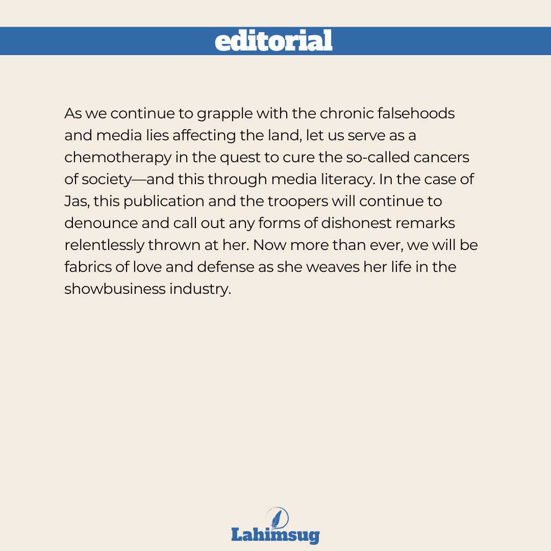 Lahimsug's tweet photo. 𝗘𝗗𝗜𝗧𝗢𝗥𝗜𝗔𝗟 | It is alarming when these bashers have evolved to narrative fabricators, becoming the cancer of society, which causes toxicity and disrupts informed discourse and collective progress.

#DearOptimisticAte https://t.co/Ylr9DJ8KPd