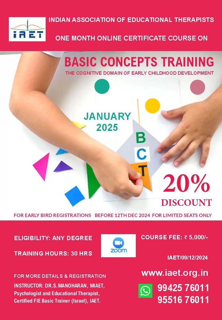 IAETonline's tweet photo. Basic Concepts Training (BCT) Course by IAET. For more details and registration Contact on WhatsApp 9942576011. Mobile Phone Numbers: 9551676011 & 9551076011. #earlychildhooddevelopment #basicconceptstraining #EducationalTherapy #cognitiveeducation #basicconcepts #iaet https://t.co/WeyFr46pNq