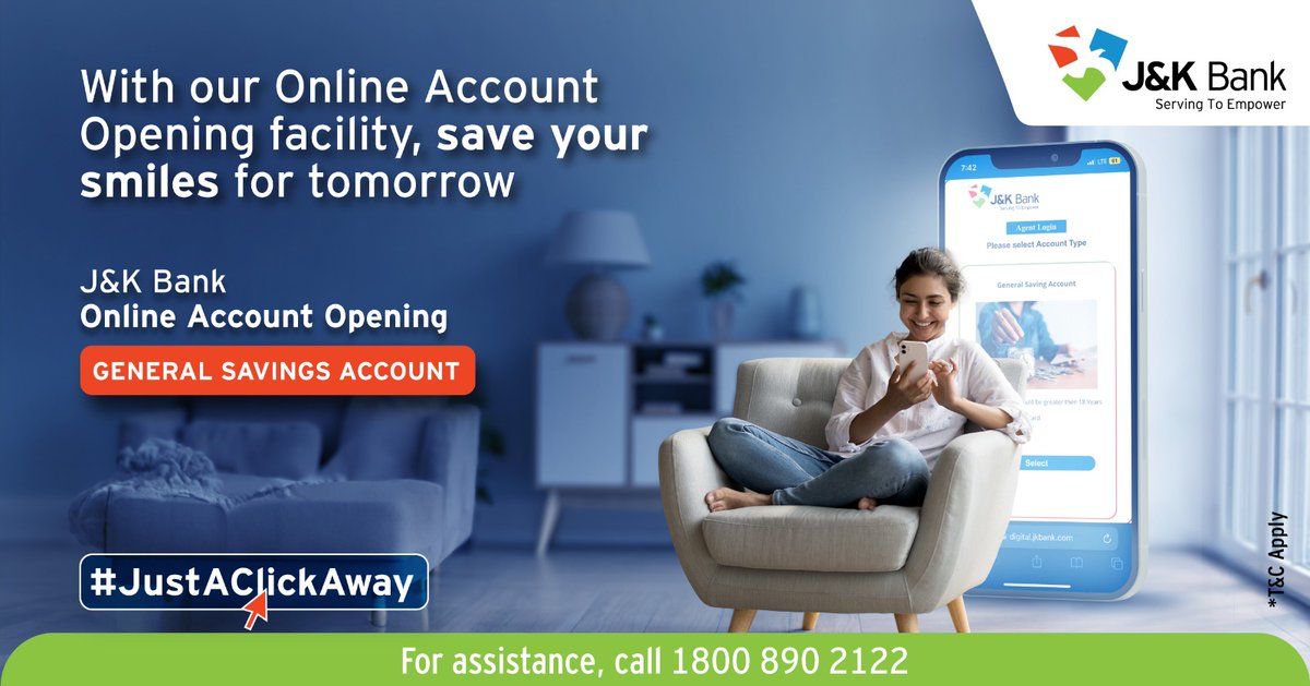 JandKBank's tweet photo. Start your savings journey today through J&amp;K Bank Online Account Opening. Your General Savings Account is #JustAClickAway. To begin, click here - https://t.co/EkUXXZNfCq

#JKBank #OnlineAccountOpening #SavingsAccount #Finance #Convenience #OnlineBanking https://t.co/eNQs2N2gZw