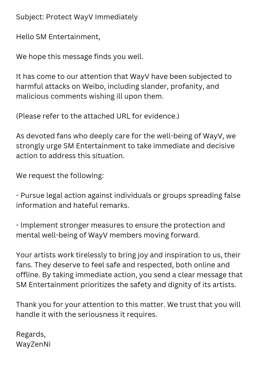 [KWANGYA 119 REPORT] 

WayZenNi, please report any slander, profanity, threats, or malicious comments directed toward WayV and its members to Kwangya 119. Be sure to include the relevant URL in your report so that SM Entertainment can take appropriate legal action if necessary.