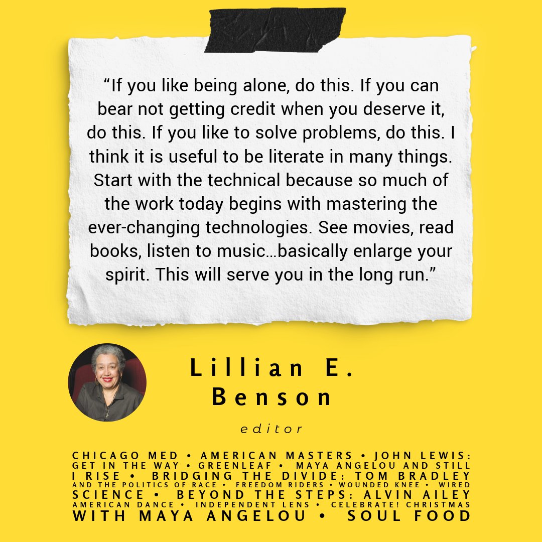 postinblack's tweet image. Advice for aspiring editors from the first Black woman to become a member of American Cinema Editors, Lillian E. Benson! She recently received a Career Achievement Award from ACE and we&apos;ve been honored to have her as a guest. Her groundbreaking career is so inspirational!