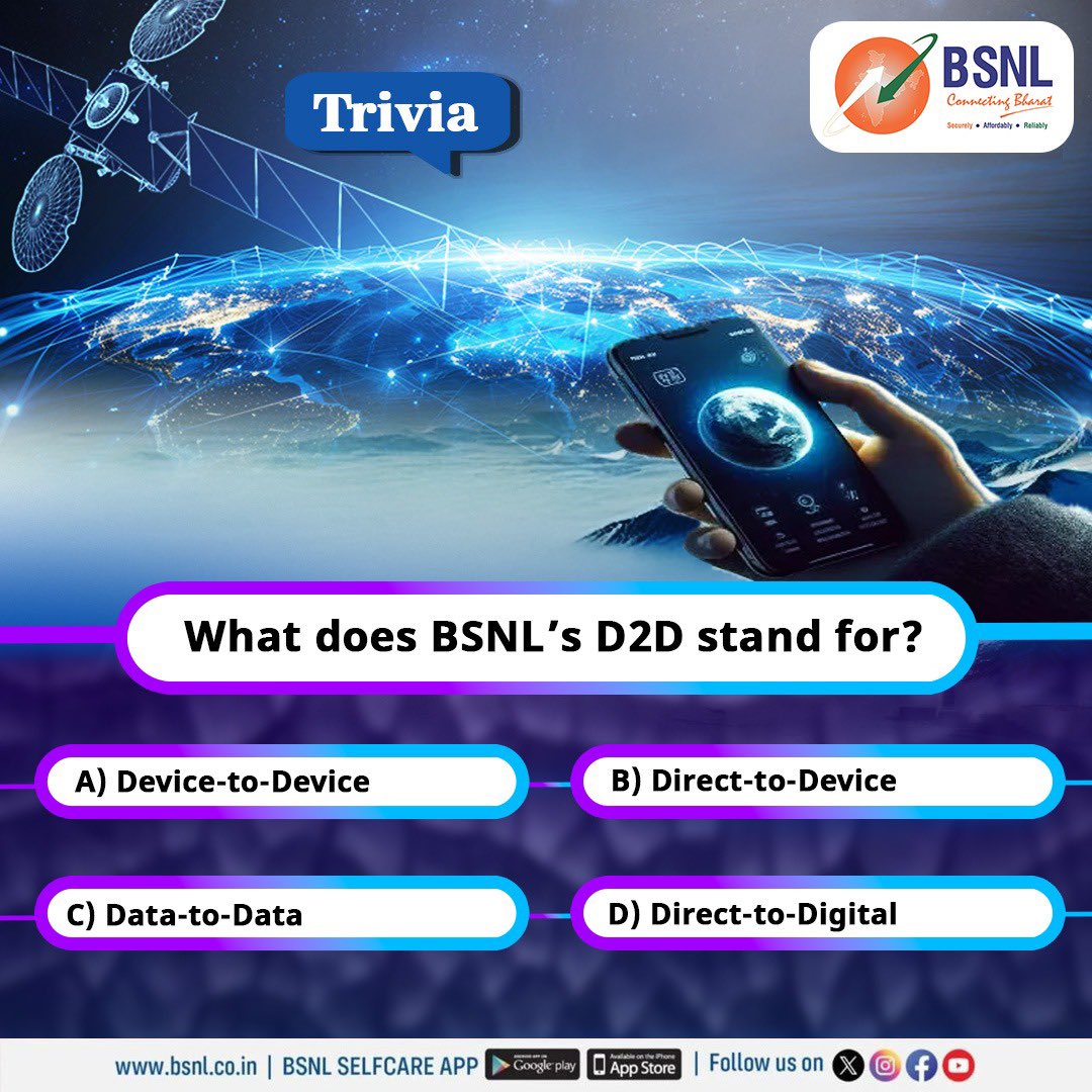 BSNLCorporate's tweet image. Drop your answer in the comments below.

What does BSNL&apos;s D2D stand for?

The correct answer will be revealed tomorrow at 5 PM! 

Stay tuned!

#BSNL #StayConnected #MCQChallenge #BSNLIndia #Quiz