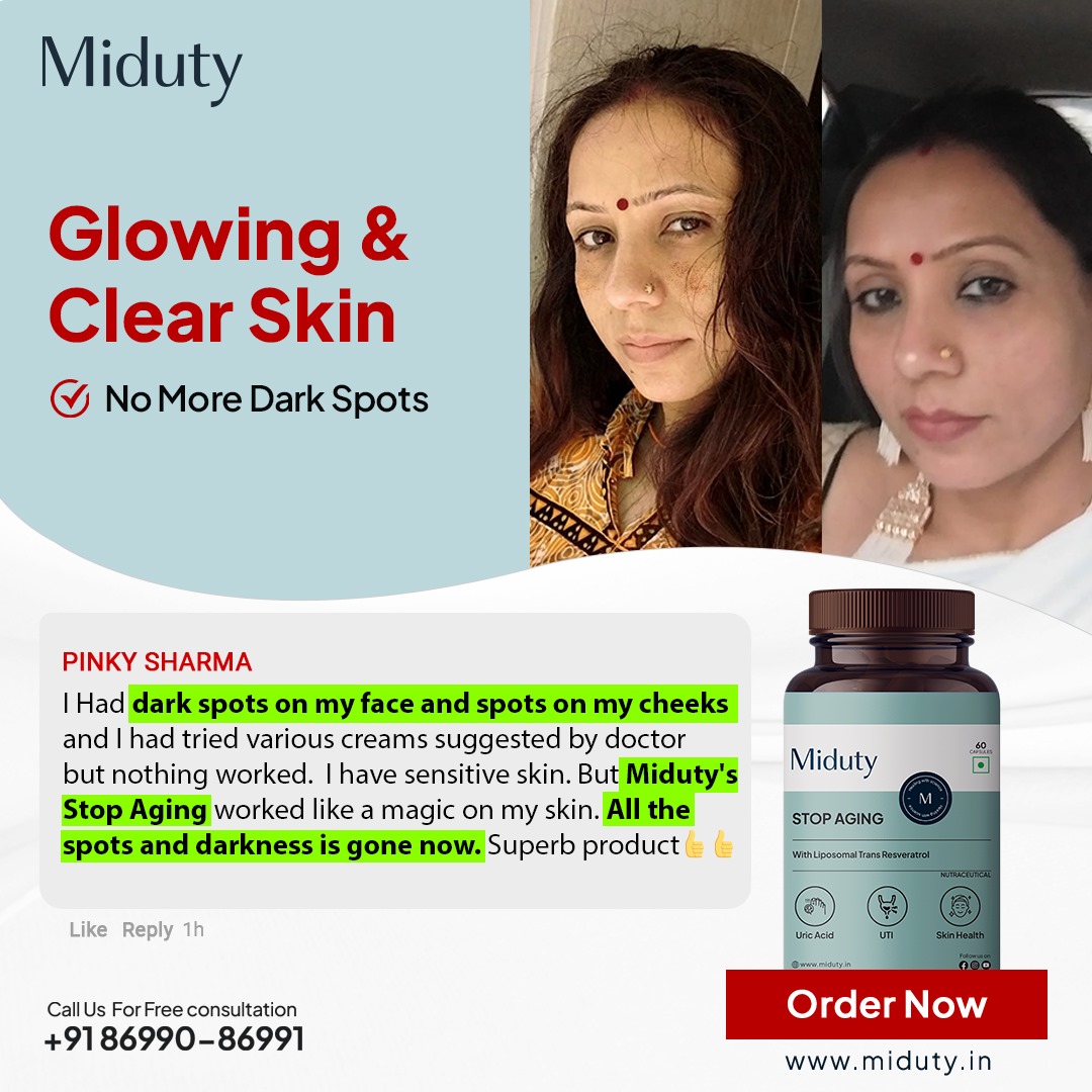 miduty_in's tweet image. Transform your skin with Miduty's Stop Aging! ✨

Say goodbye to spots &amp;amp; dullness like Pinky Sharma did with Liposomal Trans Resveratrol! 💖

Call +91 8699086991 for a FREE consultation! 

#miduty #stopaging #aging #healthyaging #palakmidha