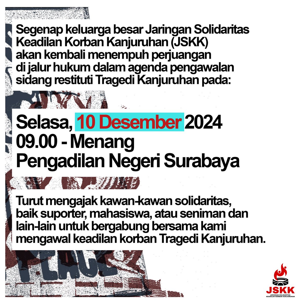 KULONUWUN SURABAYA

SERUAN AKSI PENGAWALAN SIDANG PERDANA RESTITUSI TRAGEDI KANJURUHAN 

Kami memohon diri kepada kawan-kawan di Surabaya untuk memperjuangkan apa yang kami yakini benad dan sudah seharusnya diperjuangkan.

Repost: @kanjuruhanmelawan (ig)
#JusticeForKanjuruhan