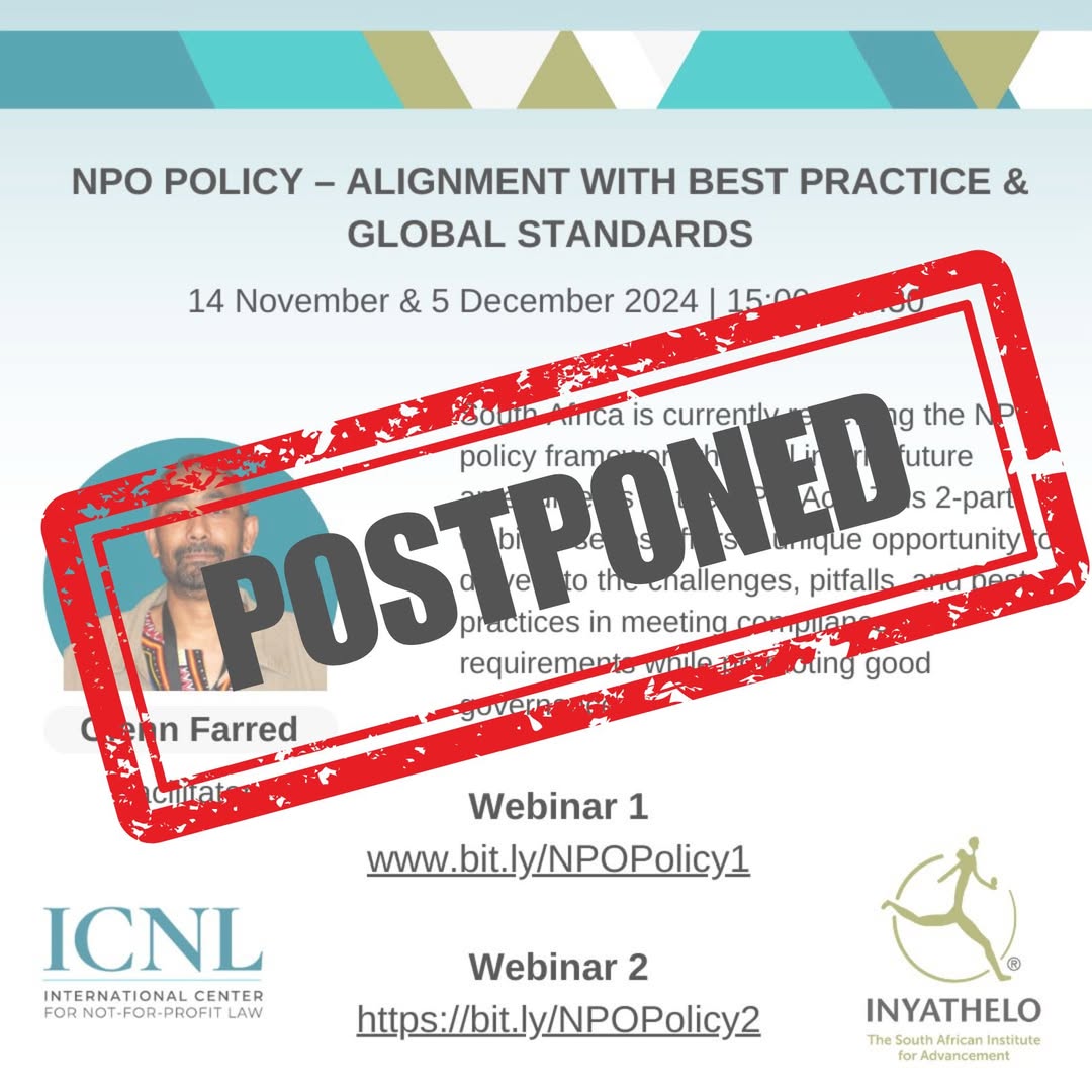 Inyathelo's tweet image. Due to unforeseen circumstances, Part 2 of our #NPO Policy Webinar Series will be postponed to early 2025.
 
In the meantime, we encourage you to review the slides from our previous session to prepare for the upcoming discussion: bit.ly/4iFWckf

#nonprofit #BestPractice